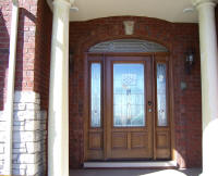 wood entry door with 2 sidelights and eliptical transom
