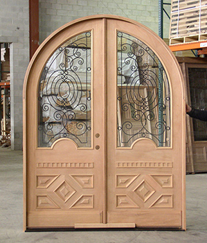 Cabernet Arched Top Mahogany Double Doors with Rustic Decorations